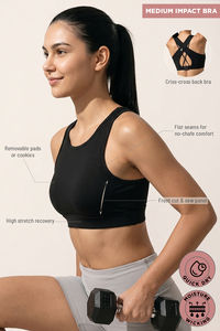 Zelocity Medium Impact Quick Dry Gym Sports Bra - Black Beauty — thumbnail 7